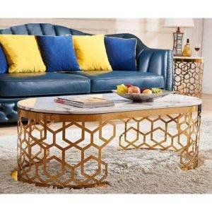 ترابيزة القهوة، شكل بيضاوي، 50×70×110 سم - أبيض ذهبي