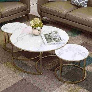 ترابيزة قهوة و2 ترابيزة جانبية معدن، 50x50x40 سم -ذهبي