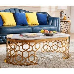 ترابيزة وسط مودرن ستيل، سطح رخامي، 100x50x45 سم - ذهبي ابيض