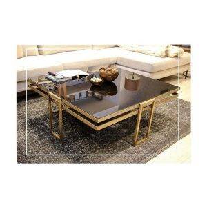 ترابيزة وسط مودرن ستيل، سطح زجاجى، 80×80×45 سم - شفاف ذهبي