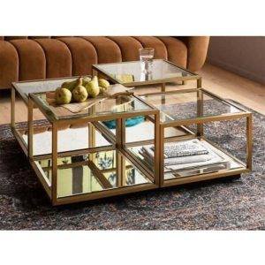 ترابيزة وسط مودرن ستيل، سطح زجاجي، 100×100×45 سم - شفاف ذهبي