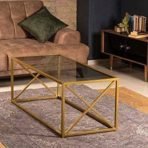 ترابيزة وسط مودرن ستيل، سطح زجاجي، 100x50x50 سم - ذهبي