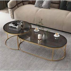 طقم ترابيزات وسط شكل بيضاوي ستيل، قطعتين، سطح زجاج - اسود خشبي