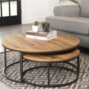 طقم ترابيزات وسط شكل دائري ستيل، قطعتين، سطح خشب - اسود خشبي