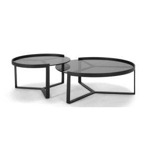 طقم ترابيزات وسط شكل دائري ستيل، قطعتين، سطح زجاج - اسود