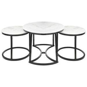 طقم ترابيزات وسط شكل دائري معدن، 3 قطع، سطح رخام - اسود