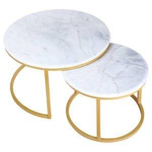 طقم ترابيزات وسط شكل دائري معدن، قطعتين، سطح رخام - ذهبي