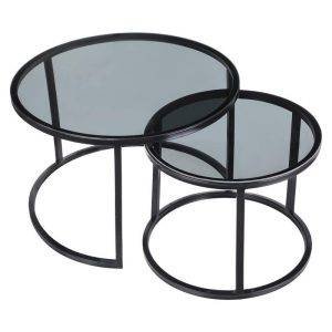 طقم ترابيزات وسط شكل دائري معدن، قطعتين، سطح زجاج - اسود