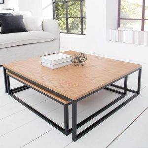 طقم ترابيزات وسط شكل مربع ستيل، قطعتين، سطح خشب - اسود خشبي