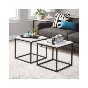 طقم ترابيزات وسط مودرن ستيل، 2 قطعة، سطح رخام، 45 × 45 × 45 سم - اسود ابيض