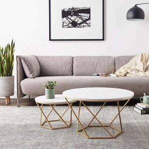 طقم ترابيزات وسط مودرن ستيل، 2 قطعة، سطح رخام، 70 × 70 × 45 سم - ذهبي ابيض