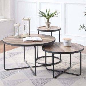 طقم ترابيزات وسط مودرن ستيل، 3 قطع، سطح خشب ام دي اف، 75 × 75 × 45 سم - بني اسود