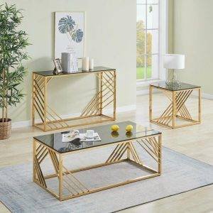 طقم ترابيزة مع كونسول ستيل، 3 قطع، سطح زجاج - ذهبي