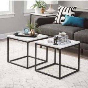 طقم ترابيزه وسط معدن سطح خشب ام دى اف، قطعتين- اسود ابيض